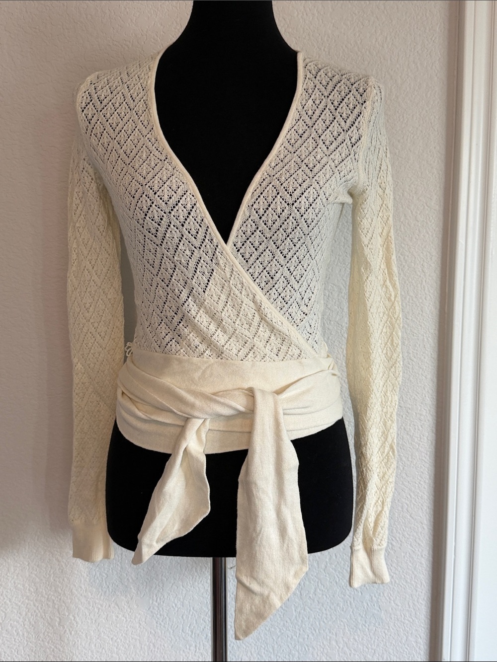 Express Cream Knit Wrap V-Neck Sweater
